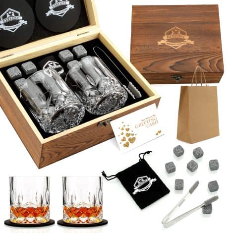 Gift set of whiskey stones and glasses, including chilling rocks made of granite. Perfect drinking gifts.