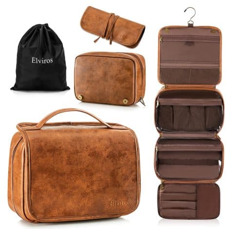 Elviros 3-in-1 Hanging Travel Toiletry Bag for Men and Women, Large, Water-resistant, Brown PU Leather.