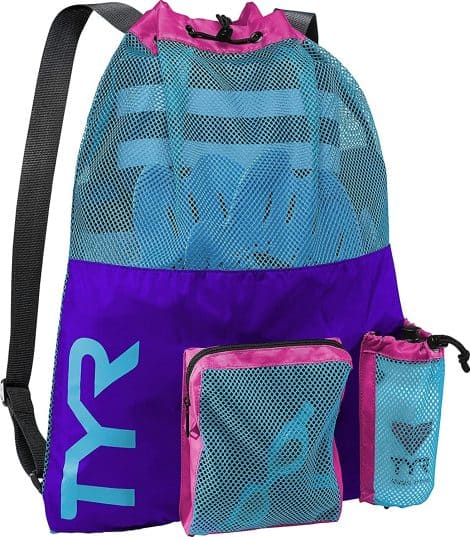 Multi-colored TYR backpack designed for swimming, gym, and workout gear, perfect for the American consumer.