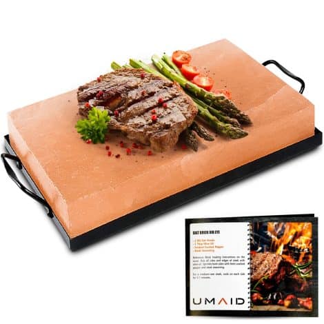 UMAID Himalayan Salt Block: Versatile cooking plate for grilling, cutting, and serving food. Includes steel tray and recipe pamphlet. Perfect gift for chefs.