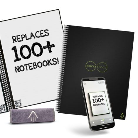 Ultimate eco-friendly digital notebook, Rocketbook Core, connects to the cloud for easy sharing. Includes pen, cloth, and app.