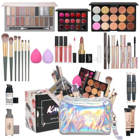 Complete makeup set for women, teens, with foundation, primer, eyeshadow palette, lip gloss, concealer, lipstick, mascara, brushes, and bag.