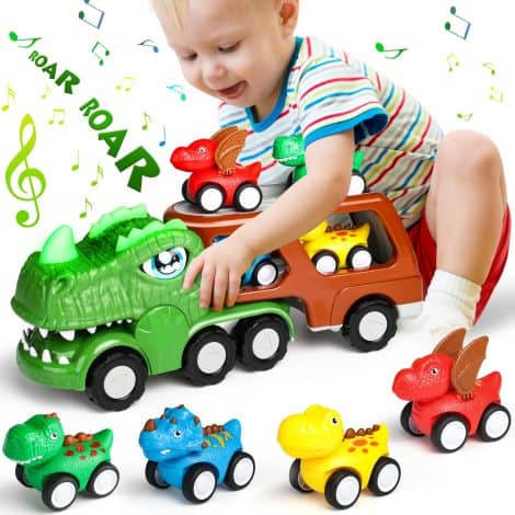 Hot Bee Toddler Car Toys, a 5-in-1 set of Dinosaur Trucks, perfect Christmas or birthday gifts for boys 1-4 years old, with flashy lights and sounds.