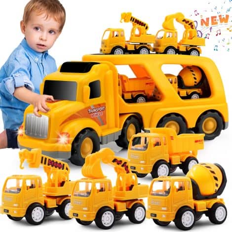 Boys and girls will love this versatile 5-in-1 carrier vehicle toy set, perfect for ages 2-6! Ideal birthday gift.