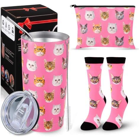 Yahenda Cat Lover’s Bundle: Includes 20 oz Tumbler, Straw Brush, Travel Pouch, and Cat Themed Socks. Perfect gift for women!