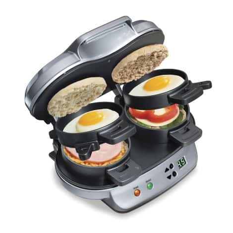 Hamilton Beach Breakfast Sandwich Maker makes two sandwiches at once with a built-in timer. Available in silver.