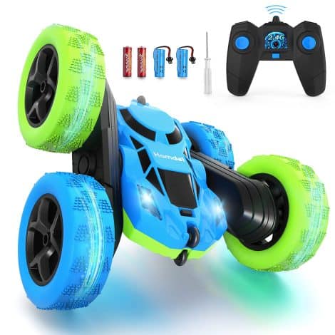 Blue and green RC stunt car with headlights that rotates 360 degrees, rechargeable for 6-12 year olds.