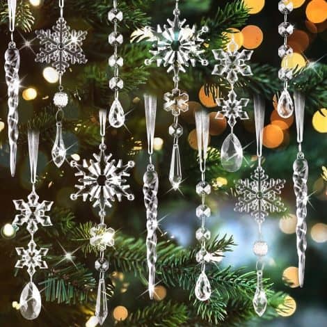 20 Crystal Christmas Ornaments for Tree Decoration – Hanging Acrylic Snowflake Icicles for Holiday and Party.