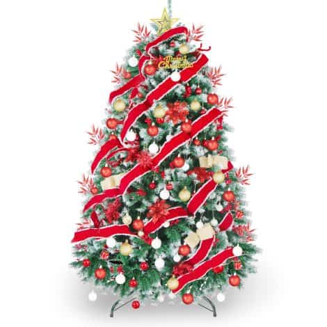 6ft Deluxe Christmas Tree with Berries and Decorations – 160pcs Ornaments, 900 Branch Tips, Ribbon, Balls, Flowers, and More.