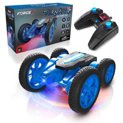 Fast and exciting Force1 Tornado RC Car for Kids with LED lights, flips, and all-terrain capabilities. Rechargeable and easy to control.