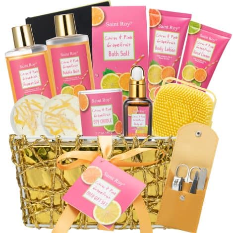 Luxury self-care set for women: Saint Roy Spa Gift Box with Citrus & Pink Grapefruit scents. Perfect birthday present.