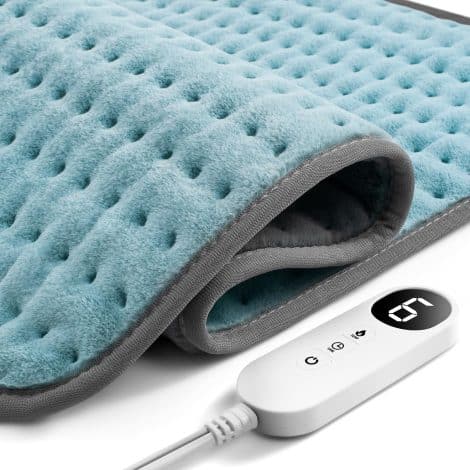 Extra-large heating pad for relief of back, neck, shoulder pain, cramps. Ideal gift for Christmas, birthdays, retirement. 6 heat levels, auto-off, moist/dry, machine-washable, 20″x24″.