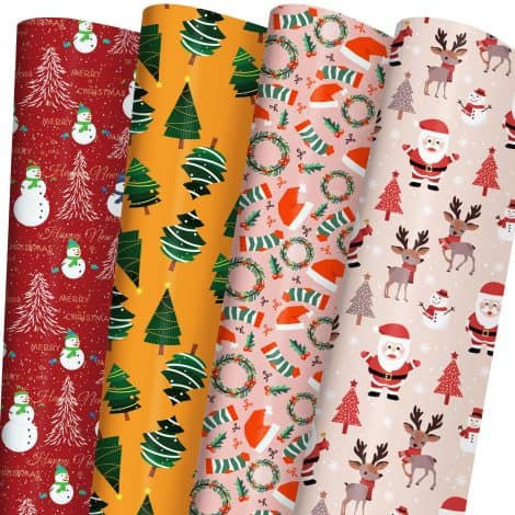 Colorful Christmas Wrapping Paper for Children – Festive Gift Wrap Set, featuring Santa, Snowman, and Christmas Tree designs.