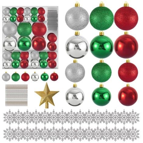 128-piece Christmas ornament set with LED string lights, white snowflakes, gold star topper, and hanging balls. Perfect for holiday tree decor.