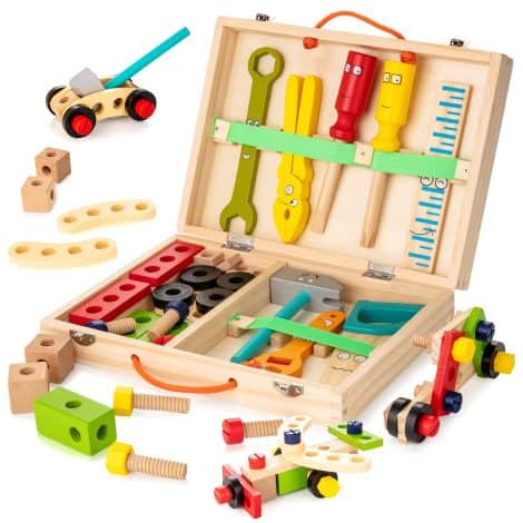 “KIDWILL Kids’ Tool Set: 37 Piece Wooden Toolbox with Stickers, STEM Educational Construction Toys for Ages 3-7.”