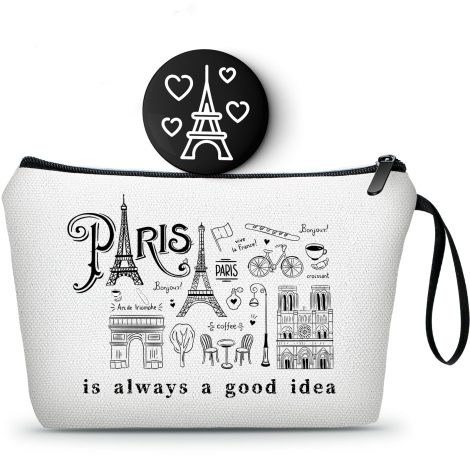 Unique travel-themed cosmetic bag with a pocket mirror, perfect as a gift for women’s birthdays & girls’ trips.