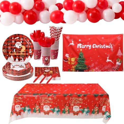 Vintage Xmas Holiday Party Set for 24 Guests: 293 Pieces of Red Buffalo Plaid Santa Claus-themed Tableware with Balloons and Tablecloth.