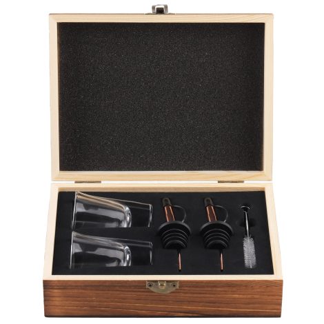 Wooden Box Shot Glass Gift Set – Perfect for Christmas and birthdays, includes espresso shot glasses and liquor pourers. Ideal for coffee and spirit enthusiasts.