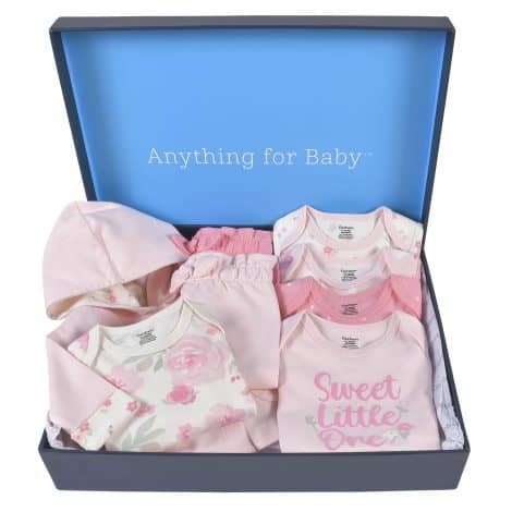 Gerber Baby 8-Piece Clothing Gift Set in Pink, with 5 Bodysuits, 2 Pants, and 1 Hooded Cardigan, sized for Newborns.