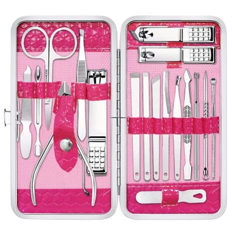 Yougai 18 Piece Stainless Steel Manicure Kit – Nail Care Set for Women/Men with Travel Case (Pink).