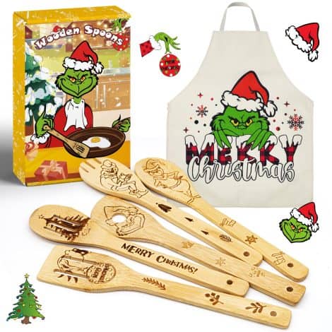 Grinch-themed Christmas gifts for both men and women! 6 wooden spoons and bamboo utensils with apron for your kitchen.