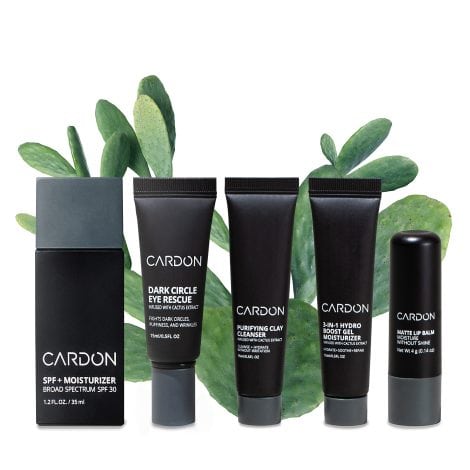 Cardon Men’s Skin Care Kit with Cactus-Based Korean Products: SPF Moisturizer, Eye Cream, Cleanser, hydro gel, and lip balm.