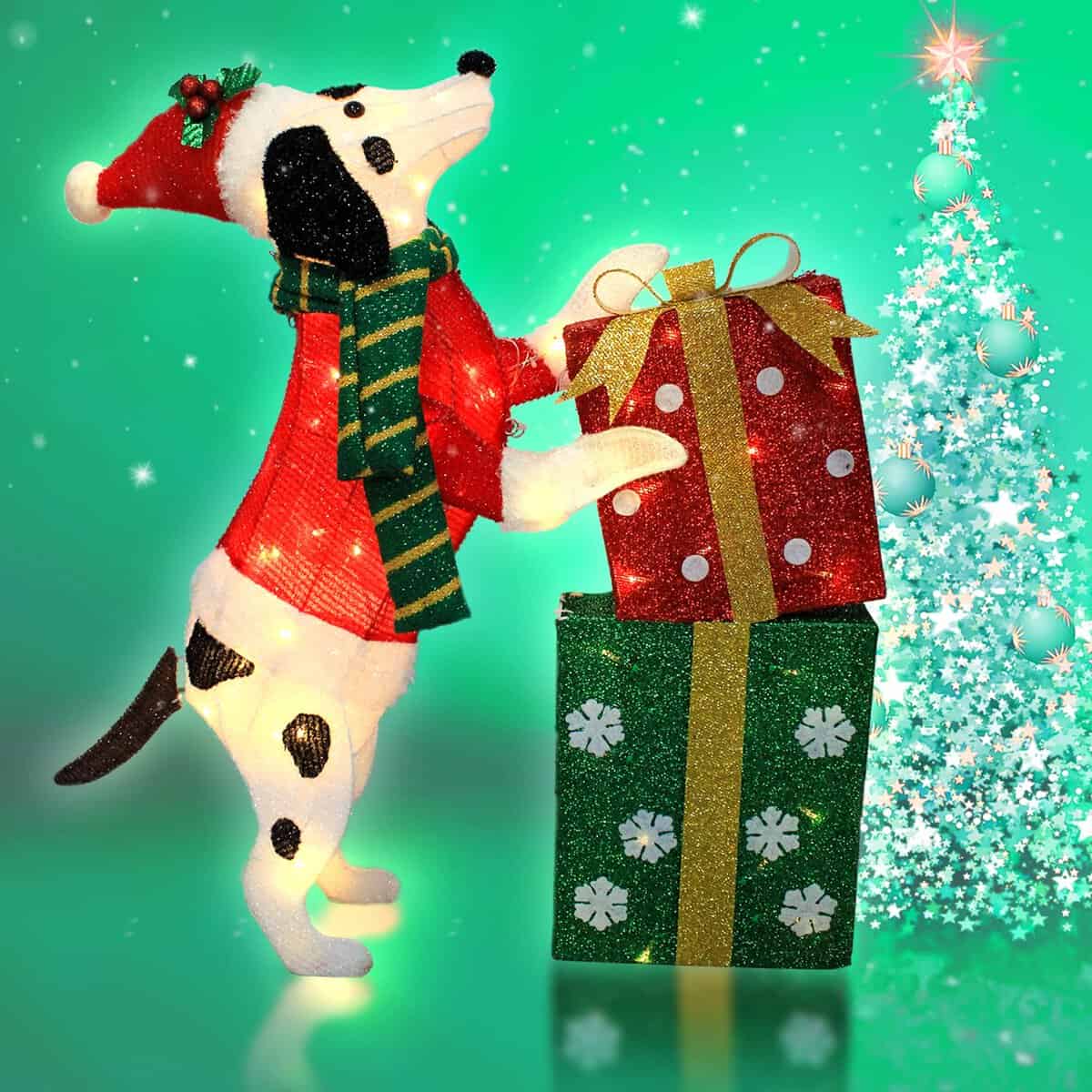 DROFELY 31in Christmas Dachshund Dog Decoration with LED Lights, Dalmatians Outdoor Display Lighted Up Spotty Decoration Christmas Tree Indoor Porch Yard Puppy with Gift Box Christmas Holiday Decor