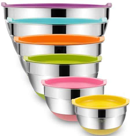 Colorful, 6-piece stainless steel mixing bowls set with lids, measuring marks, and non-slip bottoms. Great for cooking and serving.