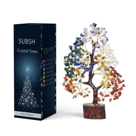 Golden wire and 300 bead SUBSH Seven Chakra Crystal Bonsai Tree brings luck, wealth, and spiritual healing. Perfect home or office décor.