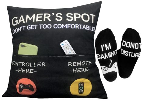 Gamer-themed throw pillow covers and socks, perfect for decorating gaming rooms, as well as Easter baskets.