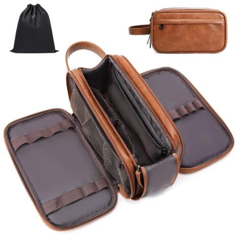 Men’s Travel Dopp Kit: A spacious, waterproof toiletry bag for grooming essentials and personal care while traveling.