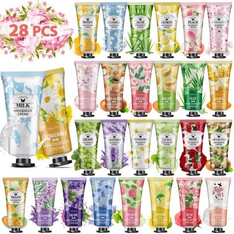 Get a 28-pack of travel-sized hand creams for dry hands, perfect for Thanksgiving, baby showers, and Christmas gifts.