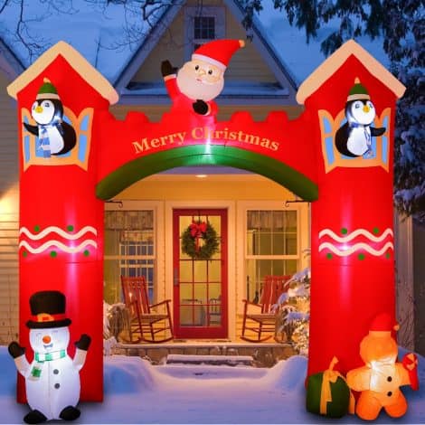 9FT Gigantic Christmas Inflatables Archway with Santa, Snowman, and Penguin – Illuminated Outdoor Yard Decor.