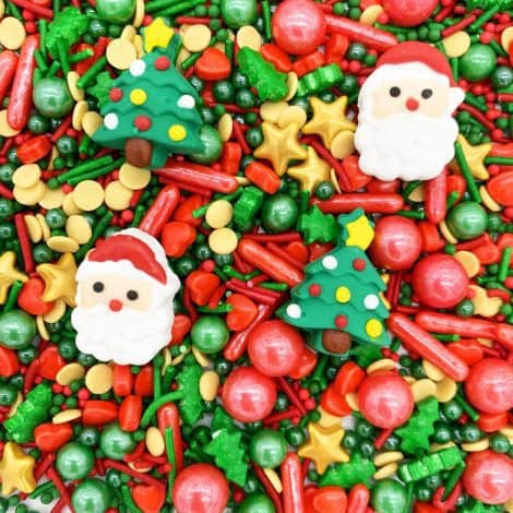 Festive Santa Claus Christmas Tree Sprinkles for decorating cupcakes, cakes, and cookies. Edible party supplies.