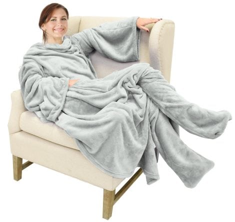 “Cozy Catalonia Fleece Blanket with Sleeves and Pockets, Perfect Wrap-Around Sleeved Robe in Large, Grey.”