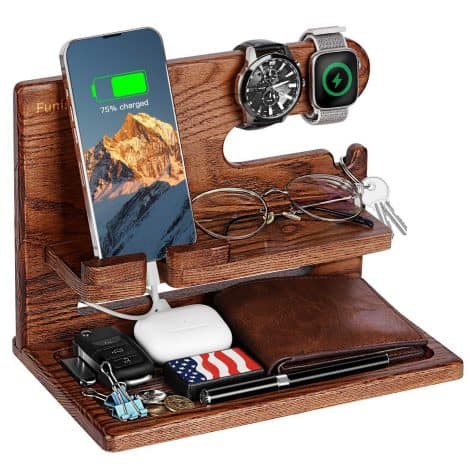 Wooden Phone Docking Station, Thoughtful Gifts for Dad, Husband, or Boyfriend, Perfect for Nightstand Organization.