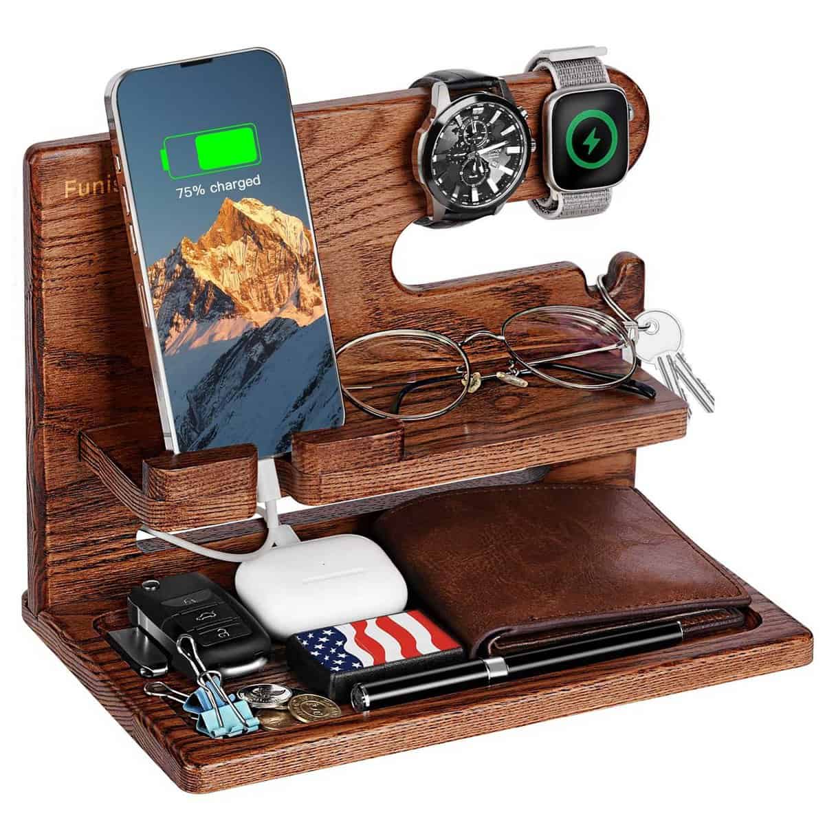 Funistree Gifts for Men Dad Christmas from Daughter Son, Ash Wood Phone Docking Station, Anniversary Xmas Birthday Gifts for Him Husband Boyfriend from Wife, Nightstand Organizer Presents Ideas