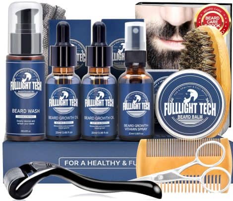 All-in-one Men’s Beard Care Set: Includes Beard Oil, Brush, Balm, Wax, Wash, Comb, Scissors. Perfect gift for him.