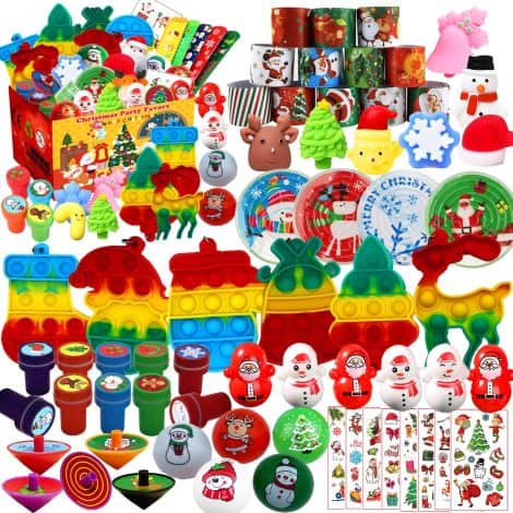 Christmas party pack with 66 toys, perfect for stocking stuffers, goodie bags, and classroom prizes.