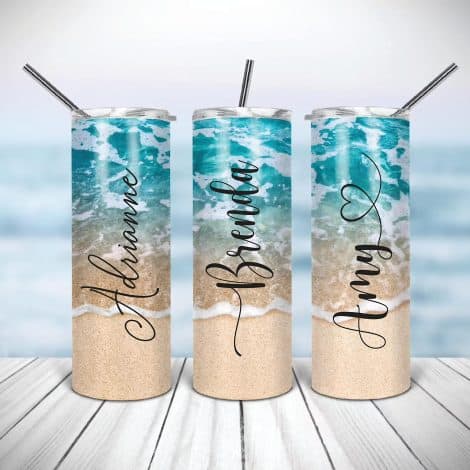 Custom stainless steel beach tumbler with personalized name, perfect as a gift for bridesmaids or travelers.