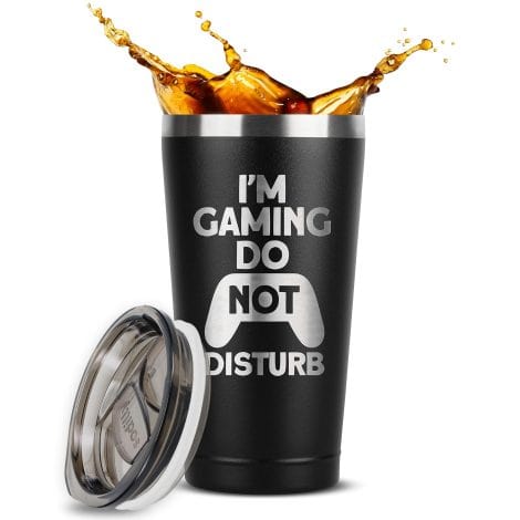 Gaming-themed stainless steel tumbler, perfect gift for gamer boyfriends, with a humorous “Do Not Disturb” design.