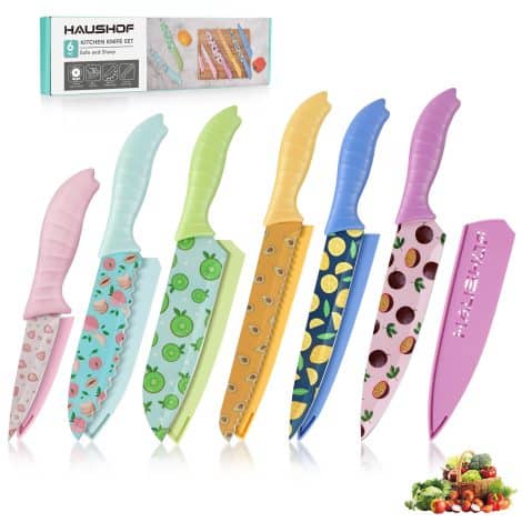 Colorful 6-Piece Kitchen Knife Set with Sheaths, Non-Stick Stainless Steel Blades, perfect for slicing & cutting. Great gift for family.