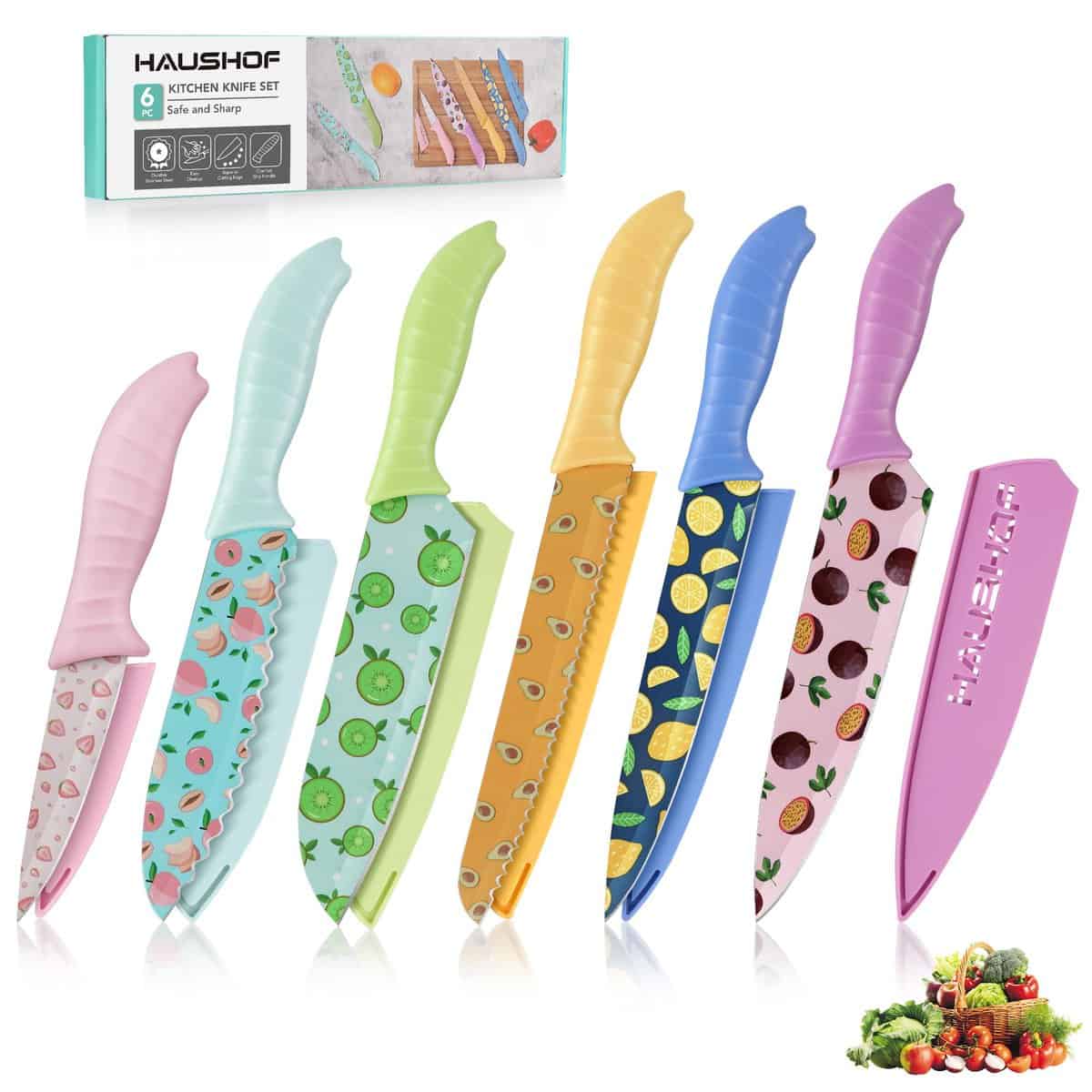 HAUSHOF Kitchen Knife Set, 6-Piece Colorful Knives Set with Sheaths, Non-Stick Coated Stainless Steel Fruit Pattern Blades for Slicing&Cutting, Gifts Knife Set for Dad, Mom, Husband and Wife