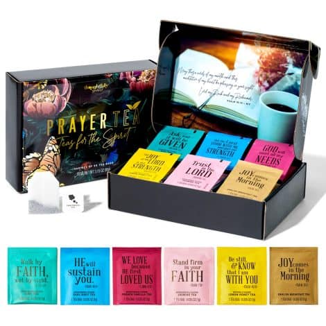 Thoughtful Gourmet Tea Affirmations Gift Set includes 6 Bible-inspired tea flavors, perfect for believers who rejoice in Christ. Includes 90 tea bags.