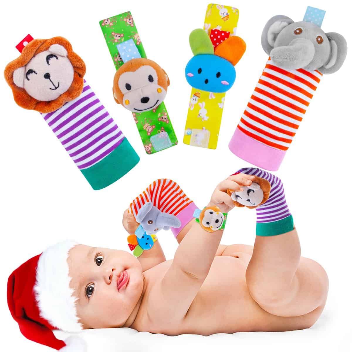 Baby Rattle Cotton Socks and Wrist Rattle Strap Set, Infant Toys 0 3 6 9 12 Months, Baby Christmas Gifts for Boys and Girls, Develop Babies Sensory Toys