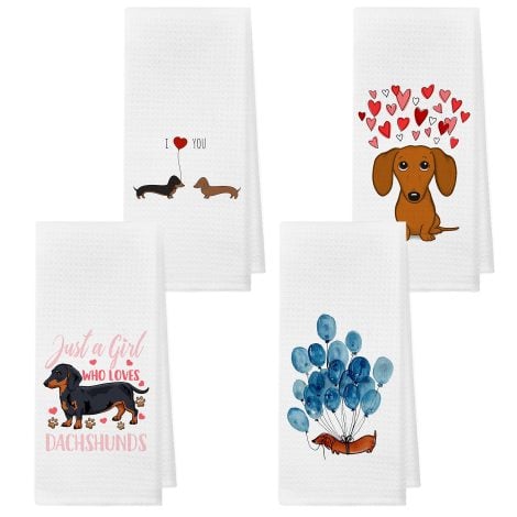 Set of 4 absorbent kitchen towels and dishcloths featuring cute designs, perfect for dachshund enthusiasts.