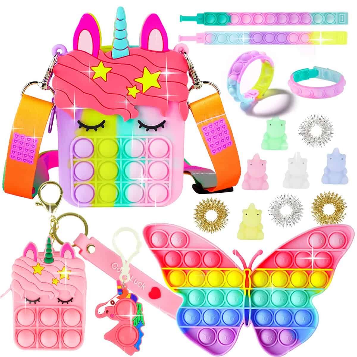 Alldriey Pop Purse Pack Toy, Unicorn Rainbow Shoulder Crossbody Small Mini Little Keychain, 3 4 5 6 7 8 9 10 12 Year Old Birthday Gifts for Toddler Kids Girl, Christmas Stocking Stuffers