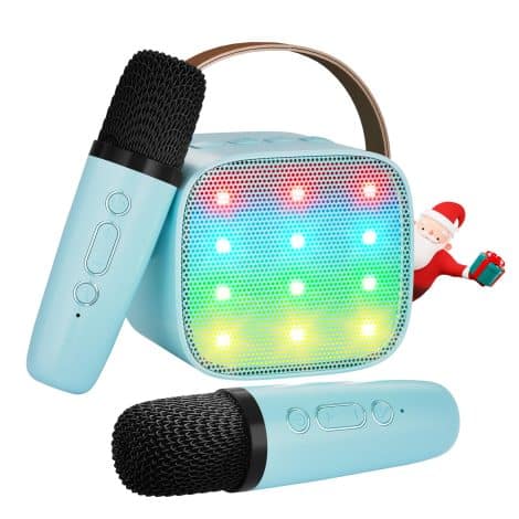 Portable Karaoke Machine for Kids, Ideal Gift for Boys and Girls, Bluetooth Speaker with 2 Wireless Mics.