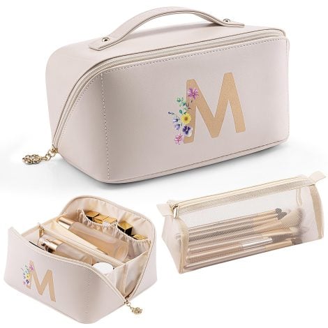 Vlando Travel Cosmetic Bag – Spacious, Waterproof PU Leather Bag for Makeup, Personalized with Monogrammed M. Perfect Gift!