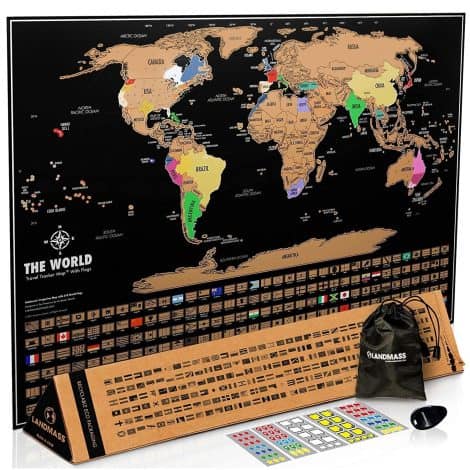 Landmass World Map Poster – Track Your Travels with this Deluxe 17″x24″ Scratch Off Map Gift!